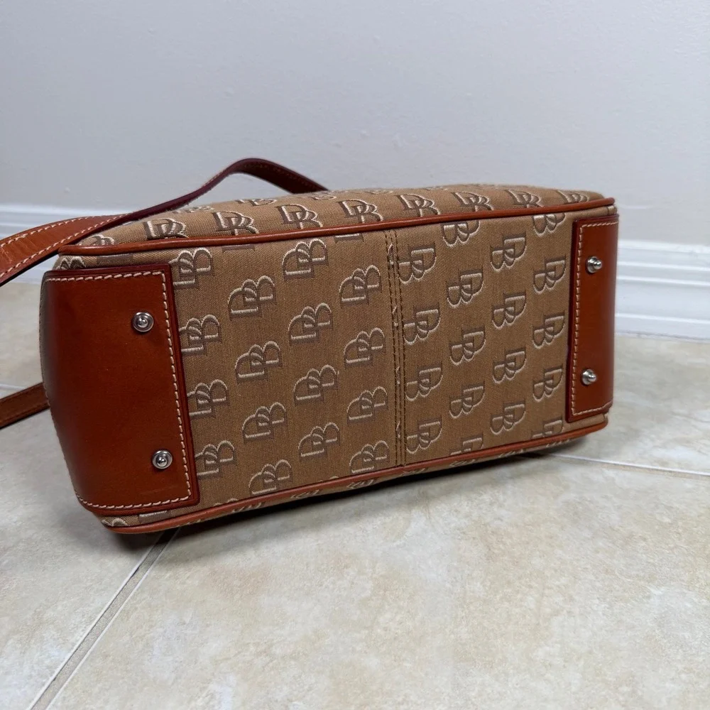 Dooney & Bourke Brown DB Monogram Canvas Leather Satchel Tote Bag Medium